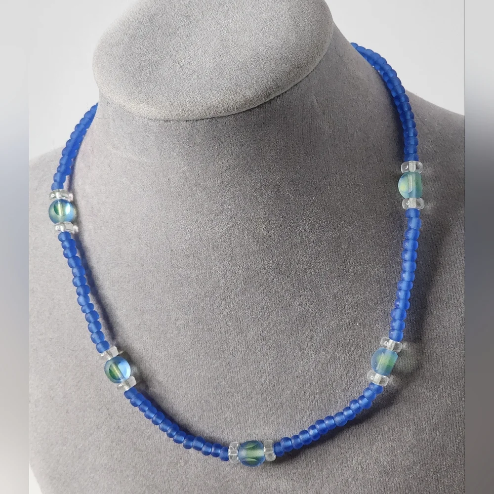 Blue Glass Beaded Choker Necklace